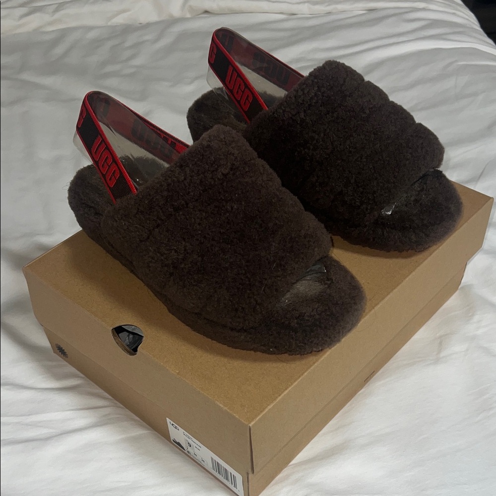UGG Dark Brown Fluffy Slide Sandals with Red Strap